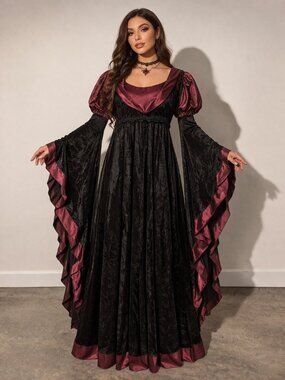 Gothic Velvet Dress Black Burgundy Renaissance Medieval Victorian Gown Sz M